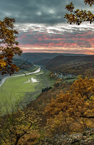 Herbstlicher Sonnenuntergang von einem knorrigen Eichenhang