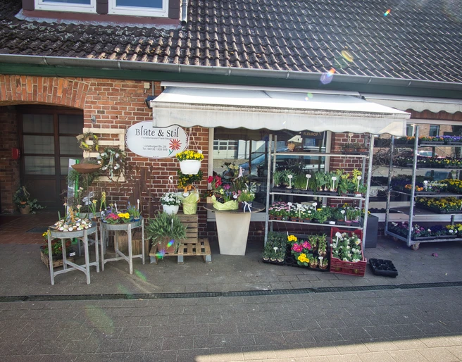 Ein gemütlicher Blumenladen vor einem Ziegelgebäude mit einer Auswahl an bunten Pflanzen und Blüten.