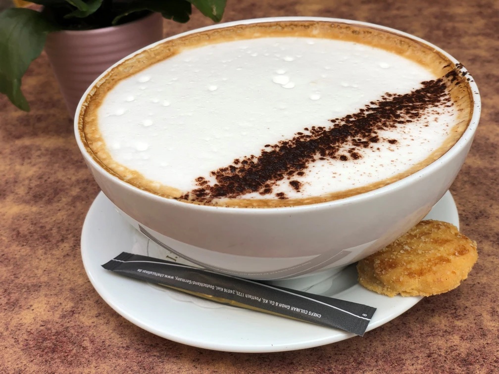 Kaffeetasse mit Milchschaum und Kakaopulver verziert, dazu ein Keks auf der Untertasse.