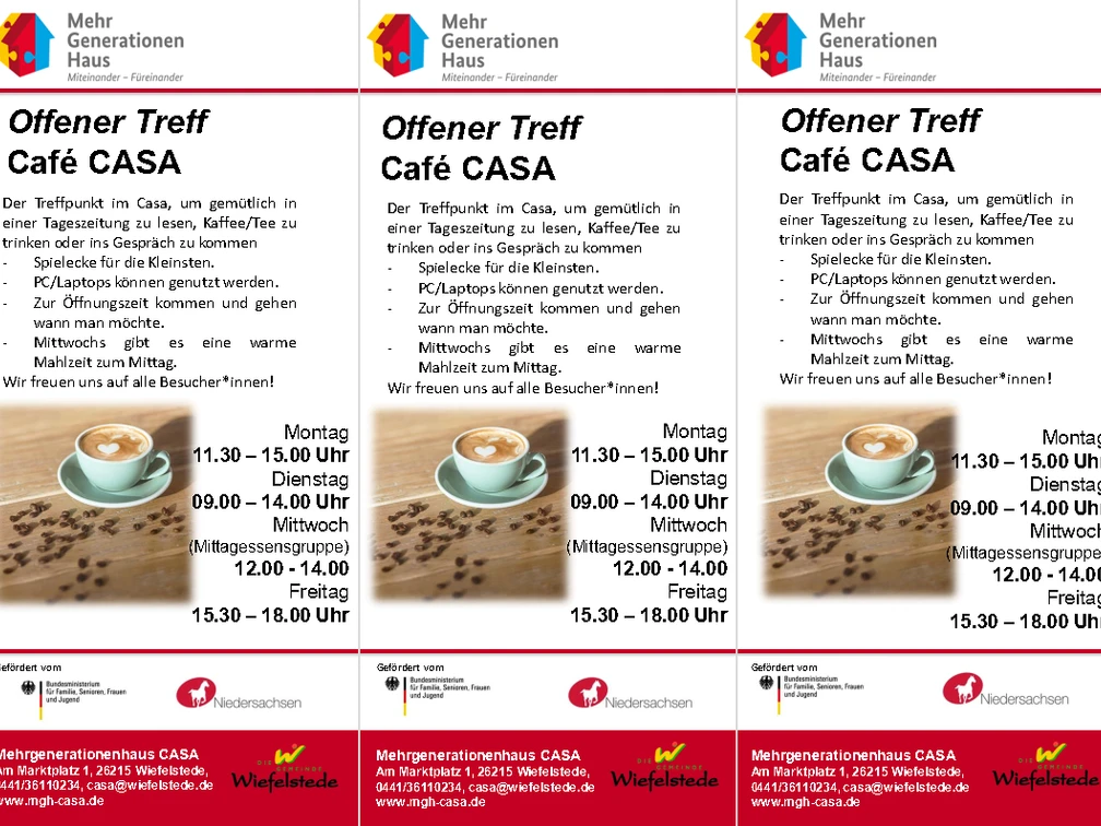 OffenerTreff-CafeCASA.png Das Bild zeigt ein gemütlich eingerichtetes Café mit einem Tisch, auf dem zwei Tassen Kaffee und zwei Croissants serviert sind.