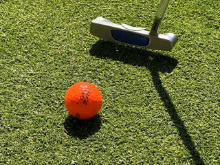 Golfball Ein orangefarbener Golfball liegt auf gepflegtem Rasen, daneben ein Putter, bereit für den nächsten Schlag.