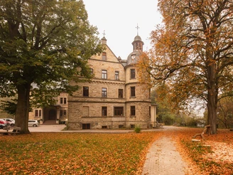 Schloss Hamborn im herbstlichen Licht, umgeben von leuchtenden Blättern und altem Baumbestand.