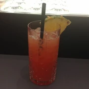 Cocktail Ein bunt geschichteter Cocktail in einem Kristallglas, dekoriert mit Ananasstück und schwarzem Strohhalm.