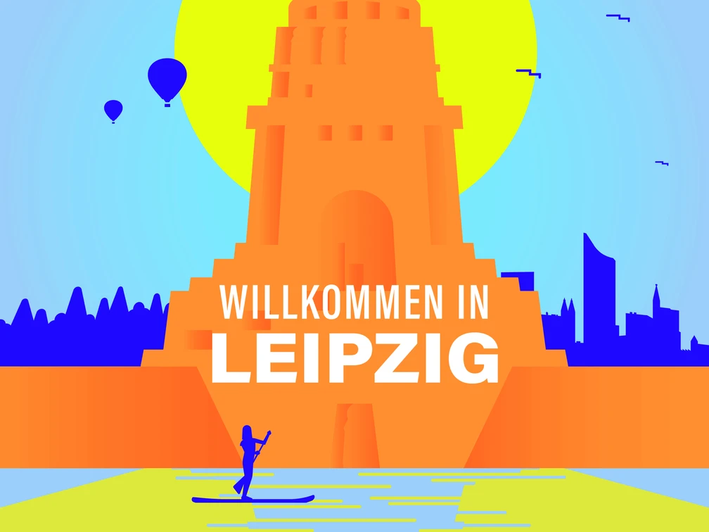 "Willkommen in Leipzig" - Podcast-Logo Logo des Podcasts "Willkommen in Leipzig" mit Illustration des Völkerschlachtdenkmals und eines Sees