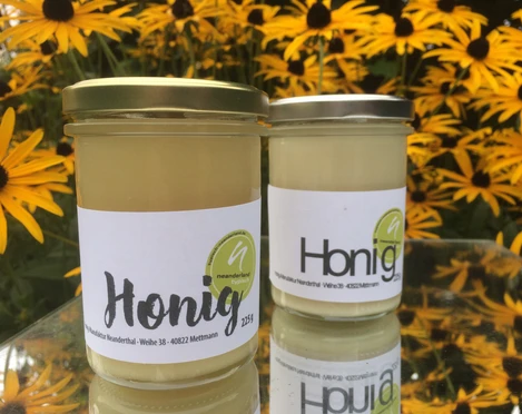 Honig Manufaktur Neanderthal aus Mettmann Zwei Gläser Honig stehen auf einer reflektierenden Fläche, umgeben von leuchtend gelben Blumen.