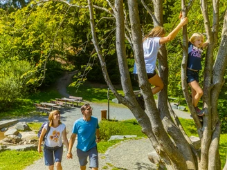 Familie am Kletterbaum an der Diemelquelle
