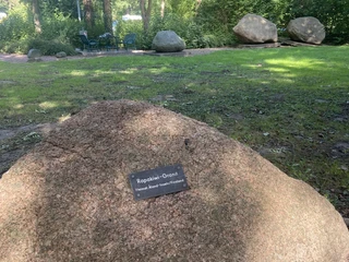 Findling mit Beschreibung Ein großer Felsbrocken mit einer kleinen Gedenktafel darauf steht in einem Waldgebiet mit grünen Bäumen.