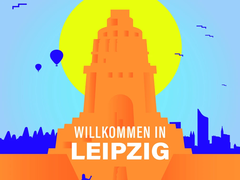 "Willkommen in Leipzig" - Podcast-Logo Logo des Podcasts "Willkommen in Leipzig" mit Illustration des Völkerschlachtdenkmals und eines Sees