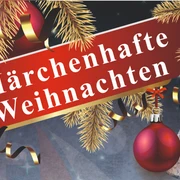 Roter Weihnachtsbanner mit goldenem Schriftzug, umgeben von goldenen Tannenzweigen und einer roten Kugel.