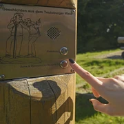 Oerlinghausen-Hoerstation-Teutoburger-Wald-Tourismus-F-Grawe (55)_klein.jpg Eine Hand drückt einen Knopf auf einer Hörstation im Teutoburger Wald, beschriftet mit "Anna & Hermann".