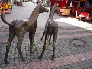 Skulptur Fohlengruppe Verden Bronzene Fohlen-Skulpturen stehen auf einem gepflasterten Platz in der Fußgängerzone von Verden.
