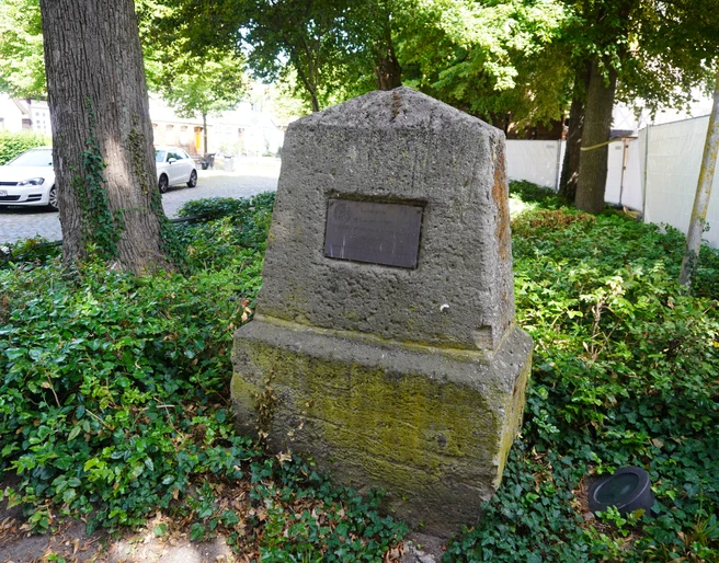 Lutherstein Gedenkstein von Büschen umgeben, mit Plakette darauf, in einem von Bäumen beschatteten Gebiet.