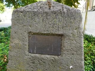 Lutherstein Ein Gedenkstein mit einer Metallplakette, umgeben von grünen Büschen, erinnert an Luther.