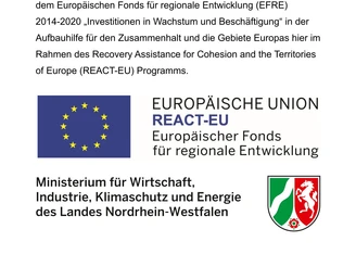 Förderlogos Europäische Union REACT-EU und NRW Förderlogos der Europäischen Union REACT-EU und NRW, verbunden mit nachhaltiger Entwicklung.