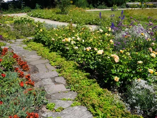 Rosengarten Ein gepflegter Rosengarten mit bunten Blumenrabatten und einem geschwungenen, steinernen Weg.
