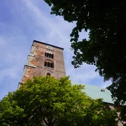 Dom Verden Gotisches Bauwerk mit imposantem Turm, umgeben von grünen Bäumen, unter strahlend blauem Himmel.
