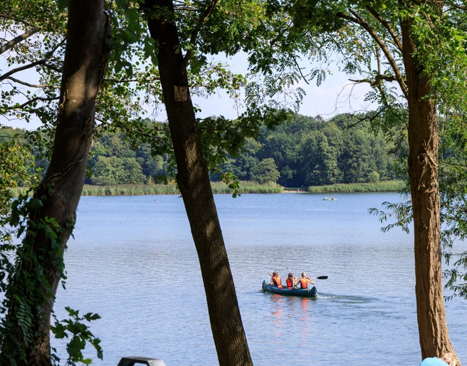 Kanu mit drei Personen auf ruhigem See, umgeben von dichten Bäumen und grünem Ufer.