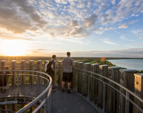 Ausblick von der Bistumshöhe am Cospudener See - Leipziger Neuseenland Blick von der Bistumshöhe am Cospudener See und Gäste, die auf dem Turm die Aussicht auf das Leipziger Neuseenland genießen, Region, Wasser, FamilienausflugPohled z Bistumshöhe na jezero Cospudener See s hostmi, kteří si užívají výhled z věže na lipskou jezerní krajinu Neuseenland, region, voda, rodinný výletView from the Bistumshöhe observation tower at Lake Cospuden with guests enjoying looking out across the Leipzig New Lake District, region, water, family outingVue de la colline de Bistumshöhe au bord du lac de Cospuden et visiteurs profitant de la vue sur le Leipziger Neuseenland (région des nouveaux lacs) du haut de la tour, région, eau, excursion en familleWidok z wieży Bistumshöhe nad jeziorem Cospuden oraz zwiedzający, którzy podziwiają panoramę Nowego Pojezierza Lipskiego, region, woda, rodzinna wycieczka