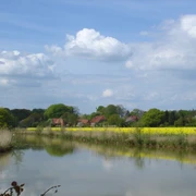 Landschaft mit Fluss im Vordergrund, gelbem Rapsfeld und Bauernhäusern unter bewölktem Himmel.