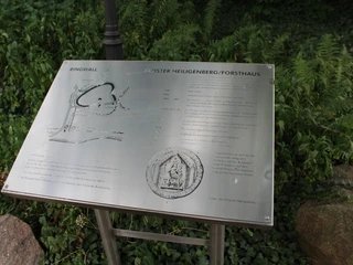 Ringwall Heiligenberg Infotafel am Standort des Ringwalls Heiligenberg, umgeben von Grünflächen und Steinen.