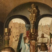 Prozession von Engeln, singend und musizierend, in mittelalterlicher Stadt mit skulpturalem Dekor.