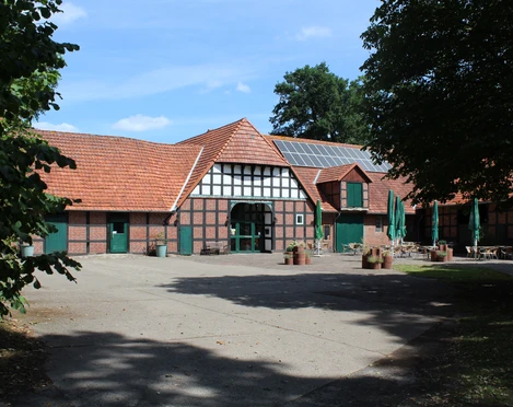 Ferienhof BrinkOrt, Warmsen  Fachwerkhof mit grünen Türen und Fenstern in ländlicher Umgebung unter blauem Himmel.