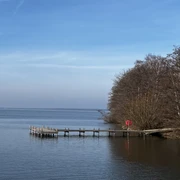 Ein hölzerner Steg mit Rettungsring erstreckt sich in einen ruhigen See, umgeben von kahlen Bäumen.