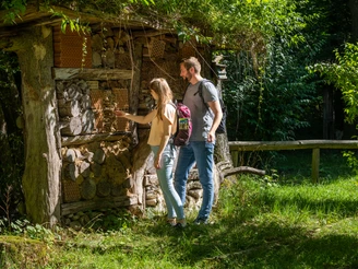 Altenbeken-Waldhaus-Teutoburger-Wald-Tourismus-Patrick-Gawandtka-047.jpg Zwei Personen auf Wanderung vor dem Insektenhotel am Waldhaus Altenbeken