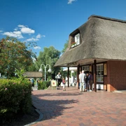 Blick auf Pelz vom Lüneburger Damm.jpg Blick auf eine Eisdiele in einem Reetdachhaus, vor der Menschen stehen und in einer Schlange auf ihr Eis warten