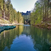 Amselsee Kurort Rathen Ein ruhiger See mit grünen Tretbooten am Ufer, umgeben von dichten Wäldern und einem klaren Himmel, vermittelt eine friedliche Atmosphäre.