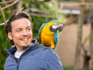 Detmold-Vogelpark Heiligenkirchen-Teutoburger-Wald-Tourismus-D-Ketz-034.jpg Mann lächelt mit buntem Papagei auf der Schulter in natürlicher Umgebung.