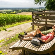 Borgholzhausen-Aussichtsplattform Berghauser Weg-Teutoburger-Wald-Tourismus-D-Ketz-071.jpg Holzplattform mit Entspannungsliegen und weitem Blick über grüne Felder und sanfte Hügel im Sommer.