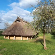 Das Eisenzeithaus zwischen blühenden Obstbäumen.jpg Nachgebautes steinzeitliches Langhaus auf grüner Wiese, umgeben von Bäumen.