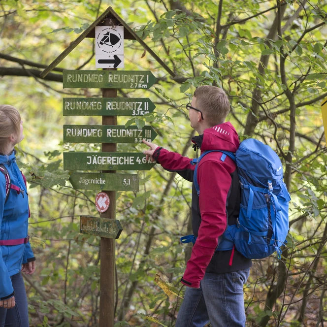 Wegweiser im Wald der Dahlener Heide - Ausflüge für Paare in der Leipziger Region