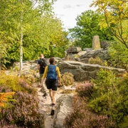 Lippischer Velmerstot-Kreis Lippe-Teutoburger-Wald-Tourismus-D-Ketz-034.jpg Zwei Wanderer erkunden einen steinigen Pfad im Wald, umgeben von Bäumen und buntem Heidekraut.