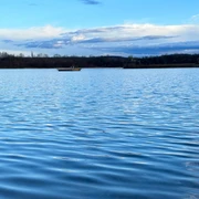 Naturbadesee Pirna-Birkwitz Ruhiger See mit blauer Wasseroberfläche, im Hintergrund eine kleine Insel und bewölkter Himmel.