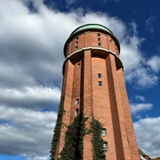Wasserturm Backstein-Wasserturm mit bewachsendem Efeu vor dramatischem Wolkenhimmel in norddeutscher Landschaft.