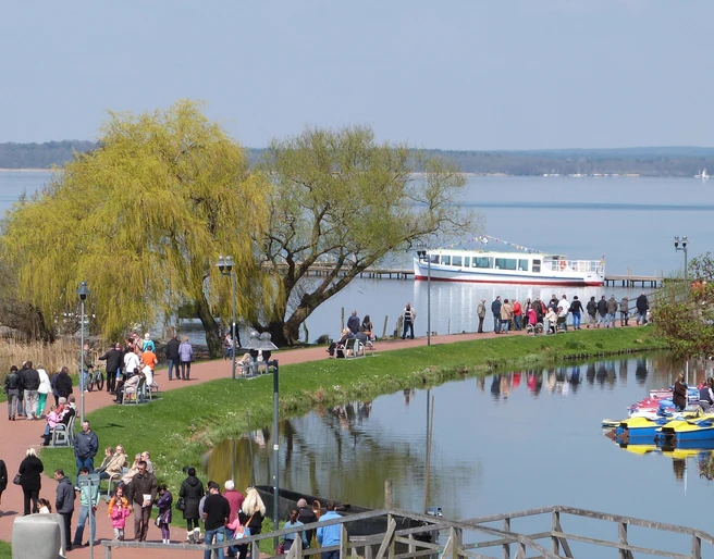 Uferpromenade am Steinhuder Meer mit Spaziergängern, Bäumen, Schiffsanlegern und Tretbooten.