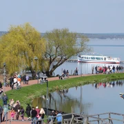 Uferpromenade Steinhude Uferpromenade am Steinhuder Meer mit Spaziergängern, Bäumen, Schiffsanlegern und Tretbooten.
