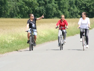 Radfahren in der Mittelweser-Region Drei Radfahrer genießen eine Fahrt auf einem ländlichen Weg, umgeben von Feldern und Bäumen.