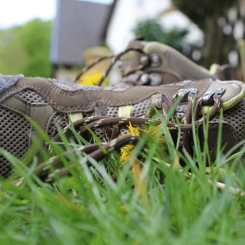Wanderschuhe Ein Paar braune Wanderschuhe liegt im Gras, umgeben von Blumen, im Hintergrund sind Bäume zu sehen.