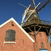 Mühle Rysum Mühle, blauer Himmel, Gallerieholländer