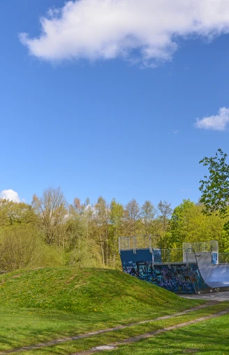 Skaterbahn in grüner Parksze, umgeben von Bäumen, mit einer Halfpipe und blauem Himmel im Hintergrund.