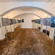 Ehemaliger Warteraum der Gedenkstätte Pirna Sonnenstein Ein Raum mit weißen Wänden und gewölbter Decke zeigt auf Ständern montierte Schwarz-Weiß-Porträts von Personen, die in zwei Reihen angeordnet sind.