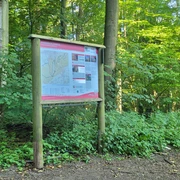Wiehengebirge Schützenstraße Waldweg im Wiehengebirge mit einem Infokasten zur Orientierung, umgeben von dichtem Laubwerk.