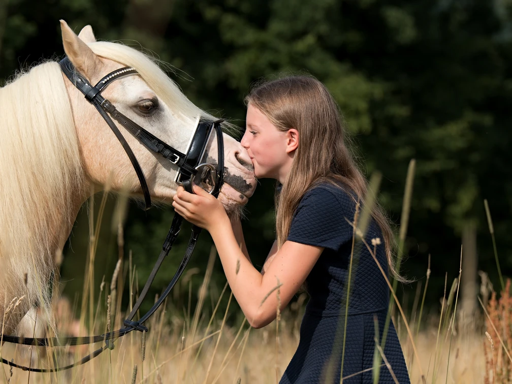 Familien-Reitschule in Velbert Ein Mädchen mit langen, blonden Haaren gibt einem weißen Pferd mit Zaumzeug in einer Wiese einen Kuss.