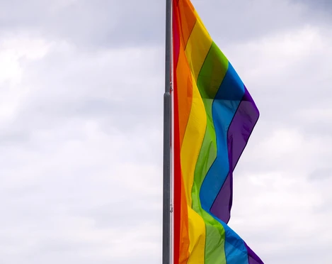 Cologne Pride Eine bunte Regenbogenflagge weht im Wind vor bewölktem Himmel.A colorful rainbow flag flies in the wind against a cloudy sky.