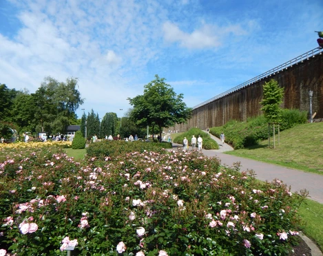 Regelmäßige Rundgänge um die großen Gradierwerke in Bad Rothenfelde lindern leichte Infekte der Atemwege und sind so erfrischend wie eine sanfte Meeresbrise.  Mensen wandelen langs de grote gradeerwerken in Bad Rothenfelde en ademen zo de zuivere lucht met verneveld zout water in, wat lichte infecties van de luchtwegen verlicht.Blumenbeet mit Rosen, Spazierweg und Gradierwerk im Kurpark Bad Rothenfelde unter blauem Himmel.