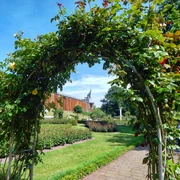 Der Rudi-Wernemann-Rosengarten in Bad Rothenfelde Rosenbogen in einem gepflegten Garten mit sattem Grün und blauem Himmel im Hintergrund.