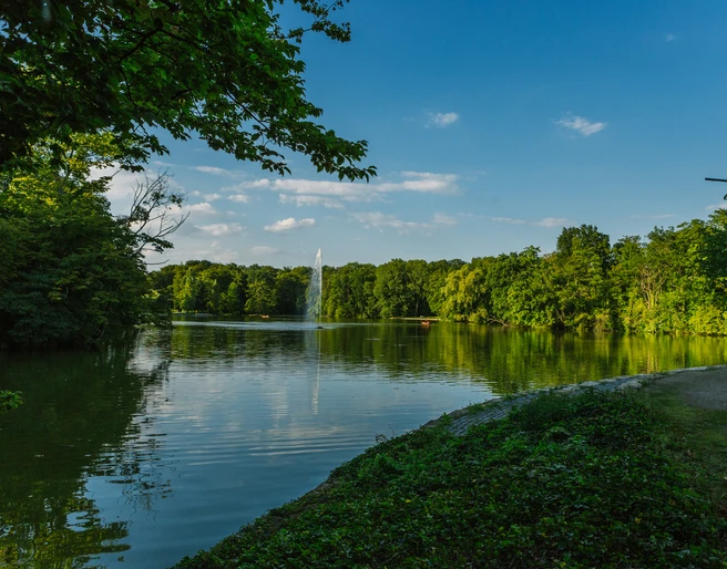 Stadtwald Forest Blick auf einen ruhigen Waldsee im Kölner Stadtwald. Dunkelgrünes Laub spiegelt sich im Wasser.View of a quiet forest lake in Cologne's city forest. Dark green leaves are reflected in the water.